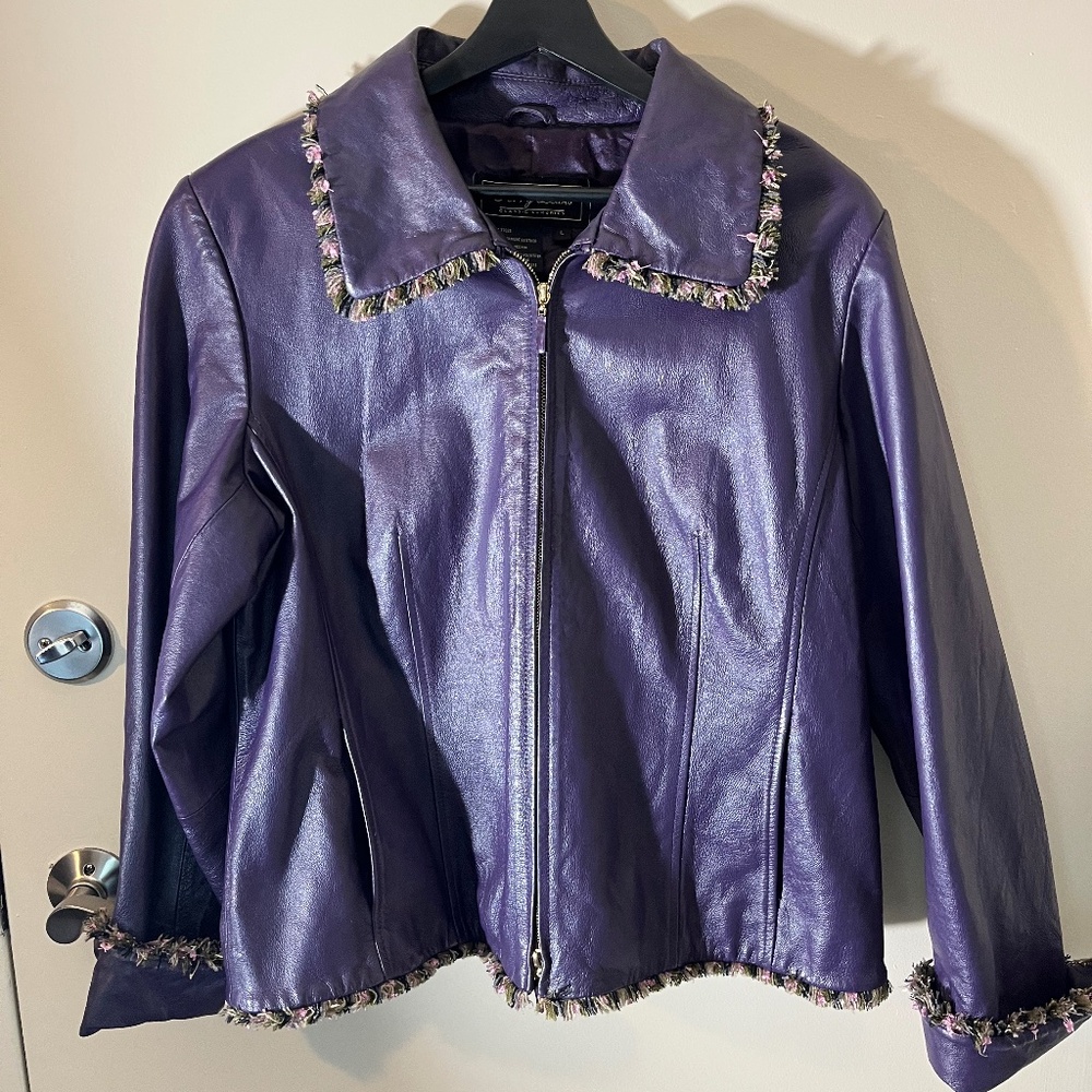Terry Lewis Womens CLASSIC LUXURIES Jacket Size Large Purple Leather Fringed